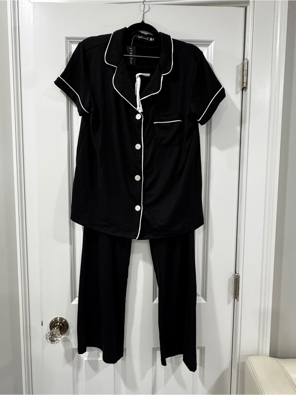 Classic Black Pajama Set with White Piping - Women